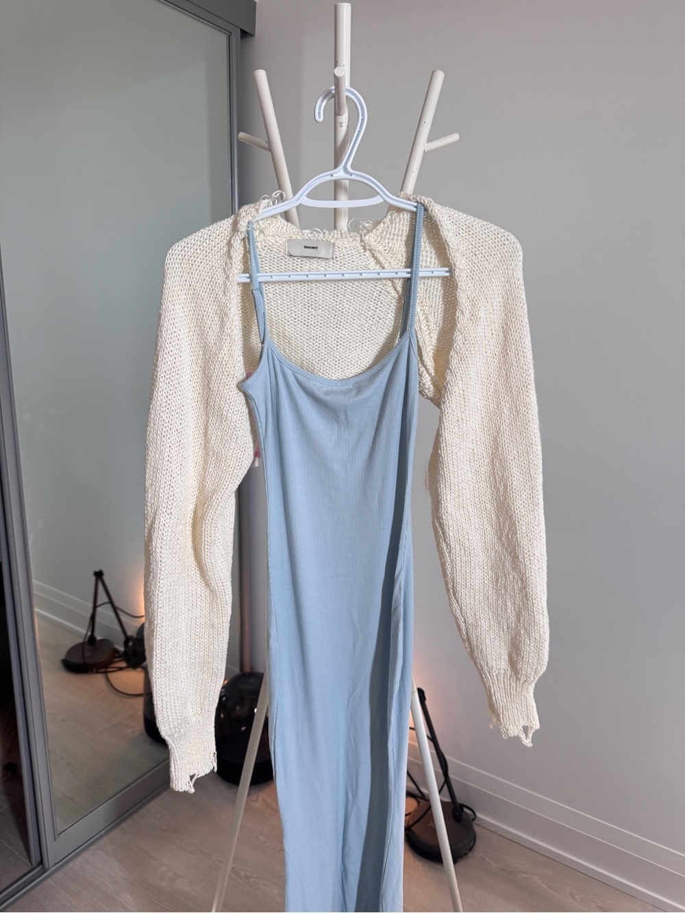Light Blue Slip Dress with Cream Knit Shrug